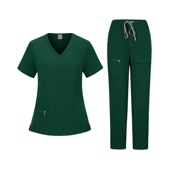 Women Jogger Scrub Sets 2 Pieces Spring Summer V-Neck Scrub Top & Jogger Pant Quick Dry Nursing Workwear Stretch Medical Uniform with Multi Pocket for Doctors, Nurses Dark Green L