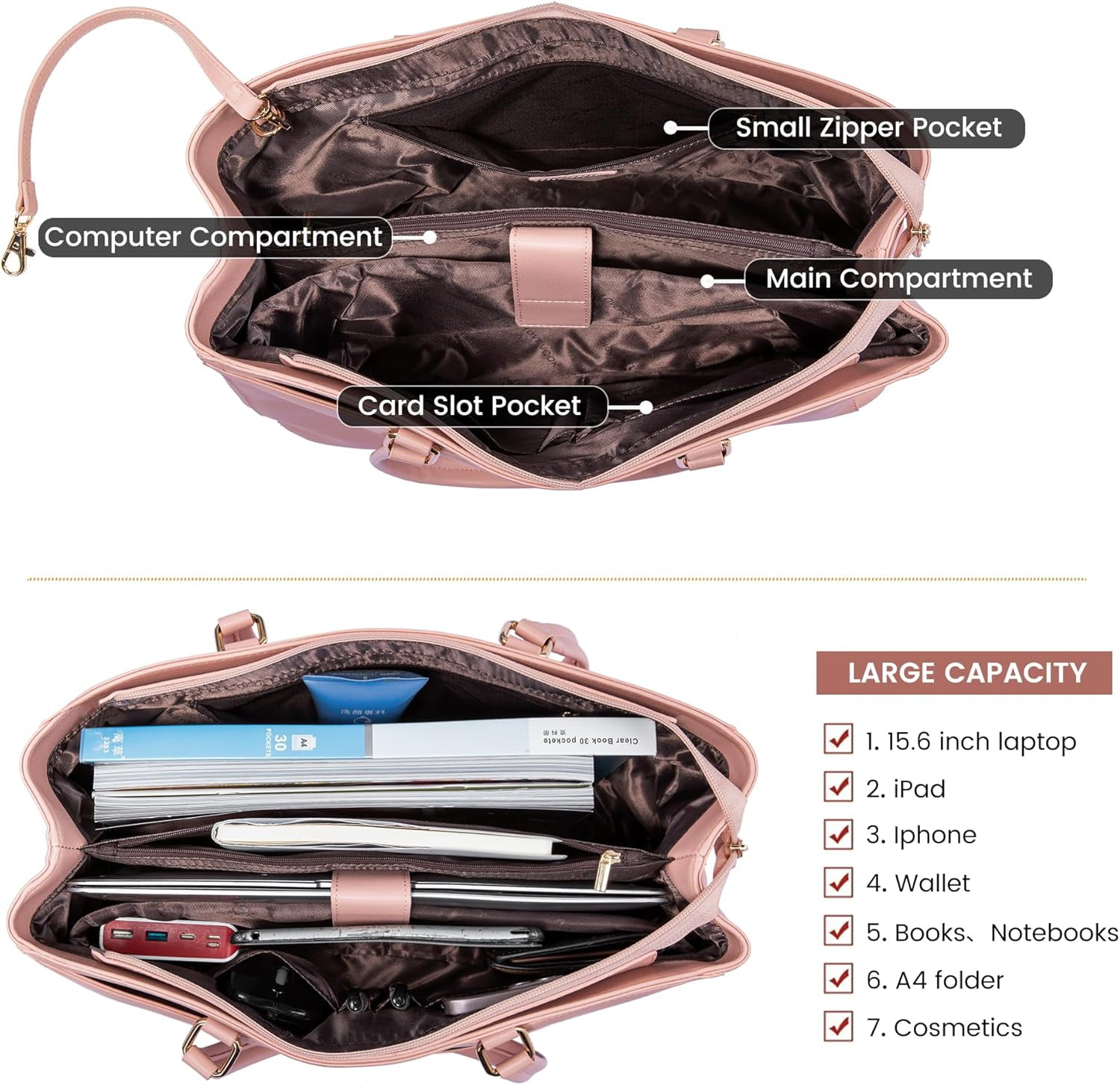 Laptop Bag for Women 15.6 Inch Tote Bags Waterproof Leather Briefcase Computer Women Business Office Work Bag,Bright Pink