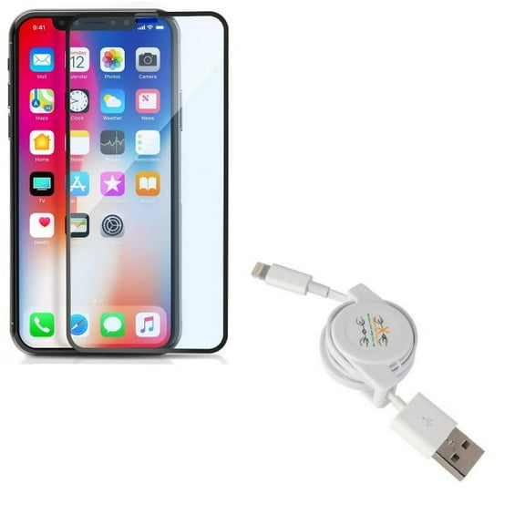 iPhone XS/X - Anti-Glare Screen Protector w Retractable USB Cable - Tempered Glass Matte 3D Curved Edge Anti-Fingerprint Case Friendly, Charger Power Cord Sync Wire Fast Charge