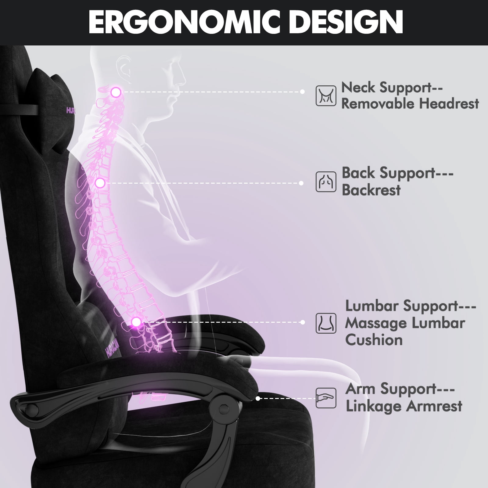 SOONTRANS Black Gaming Chair for Adult, Velvet Fabric Ergonomic Comfortable Video Gamer Chair with Footrest, Reclining Office Computer Desk Game Chairs with Massage Lumbar Cushion, Headrest