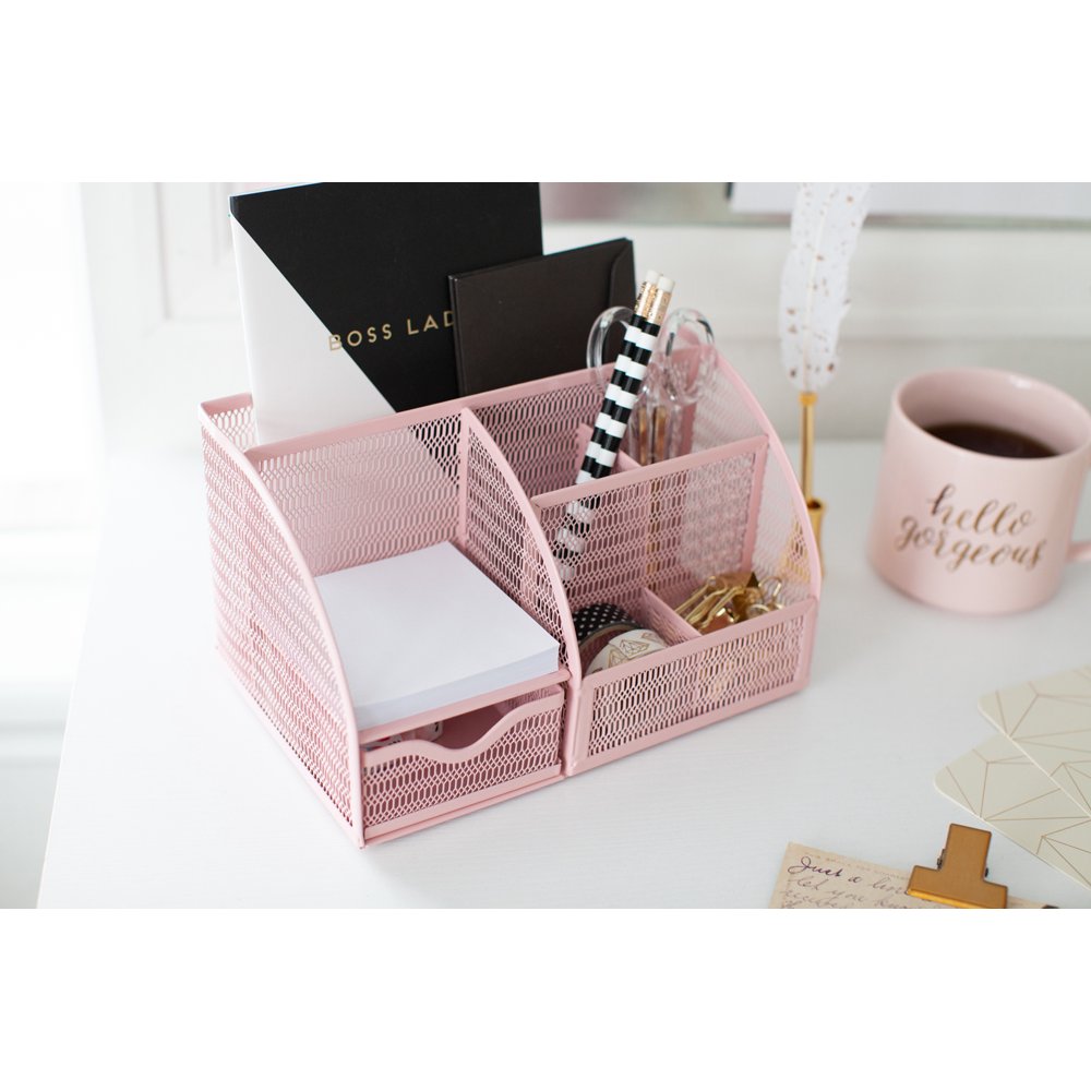 Blu Monaco Unique Metal Pink Desk Organizer with Drawer