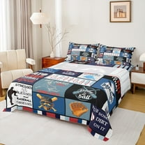 Feelyou Teens Baseball Player Twin Sheet Sets, Square Plaid Twin Fitted Sheet, Cartoon Sport Theme Flat Sheet, Super Cozy Room Decor, 3 Pieces