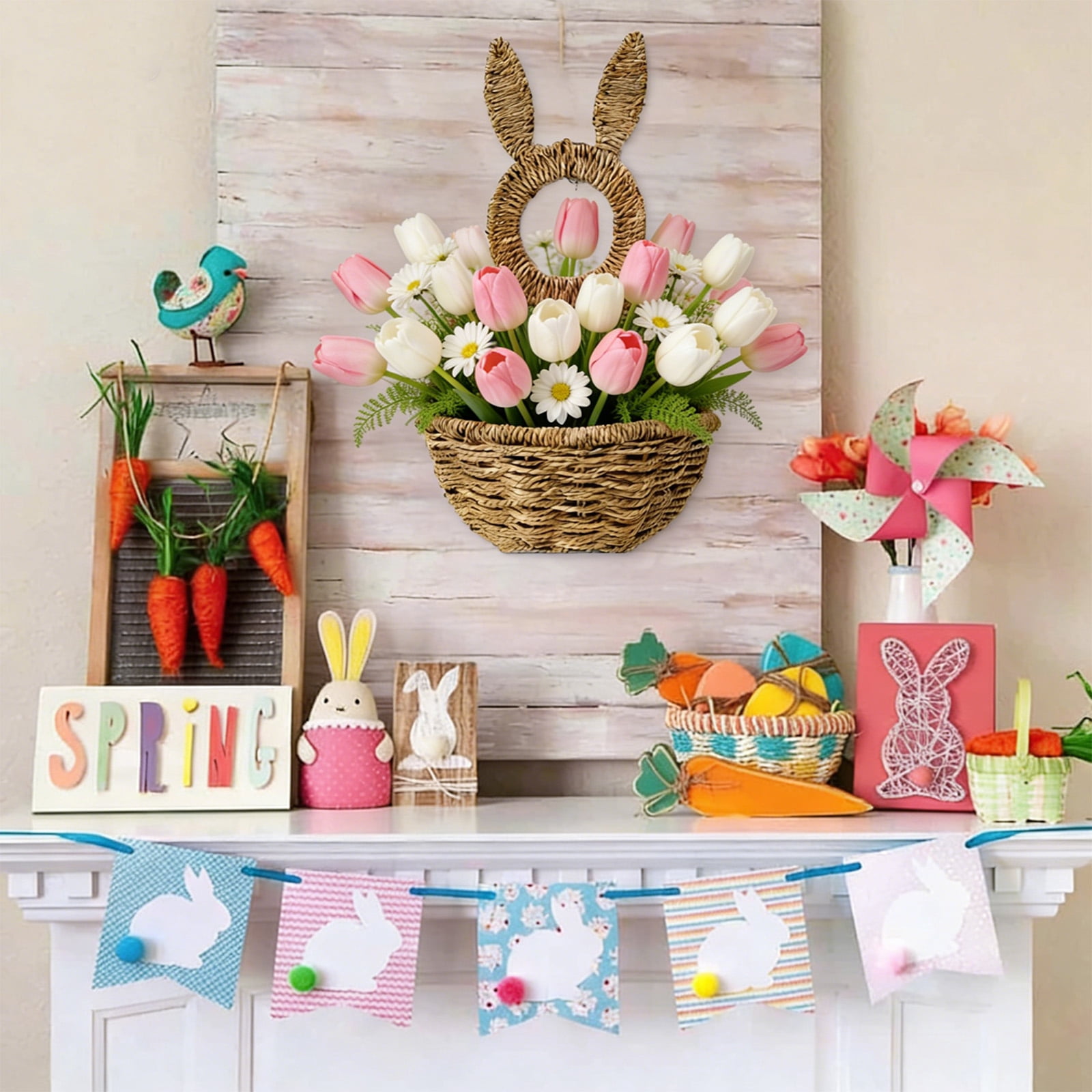 BiFandian Easter Wicker Bunny Baskets, Wall Haning Spring Front Door Decorations, Hand Woven Rustic Farmhouse Craft for Indoor Outdoor Decor