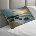 thumbnail image 2 of Ocean Quilted Pillowcover, Seascape Composition of Nature Rocks Waves Cloudy Sky Rising Sun Beach Photo, Standard King Size Accent Pillow Cover for Bedroom, 36" x 20", Brown Blue Yellow, by Ambesonne, 2 of 2