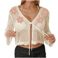 thumbnail image 3 of Tqyyweavej Bathing Suit Crochet Coverups for Women Hollow Out Print Tie Front Beach Cover Up Solid Color Long Sleeve Loose Swimsuit Cover Up, 3 of 7