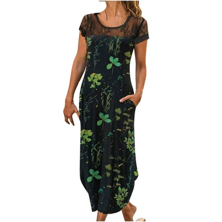 

Geyes Summer Women Dress Retro Solid Print Crew Neck Tulle Panel Short Sleeve Dress Casual Loose Beach Pajama Dress