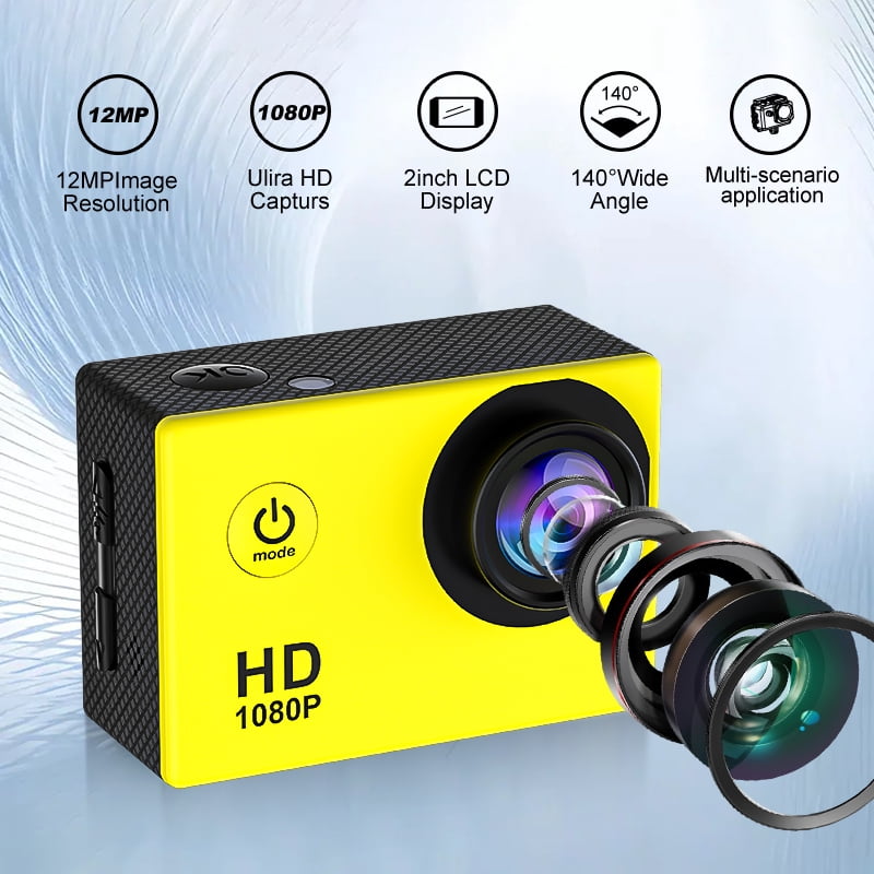 Action Camera 1080P HD with Waterproof Case 30M Wearable Pocket Video Camera with 90° Wide Angle 12MP Photos 32GB Support, Mini Sports Camera for Teens Cycling Diving Outdoor Adventure Yellow