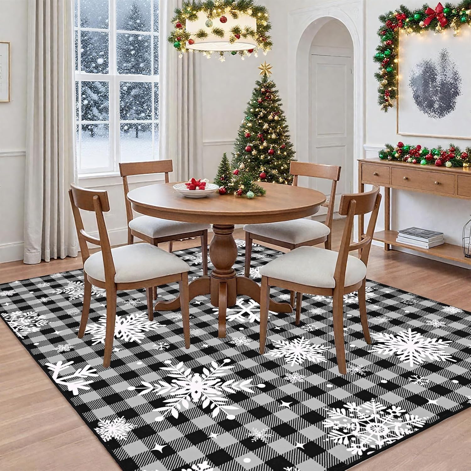 Bleum Cade 8'x10' Christmas Snowflake Area Rugs for Living Room, Washable Rugs for Bedroom Dinning Room,Grey Buffalo Plaid Rug Ultra Soft Non Slip Durable Large Carpet Home Decor