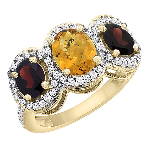 14K Yellow Gold Natural Whisky Quartz & Garnet 3-Stone Ring Oval Diamond Accent, size 8.5