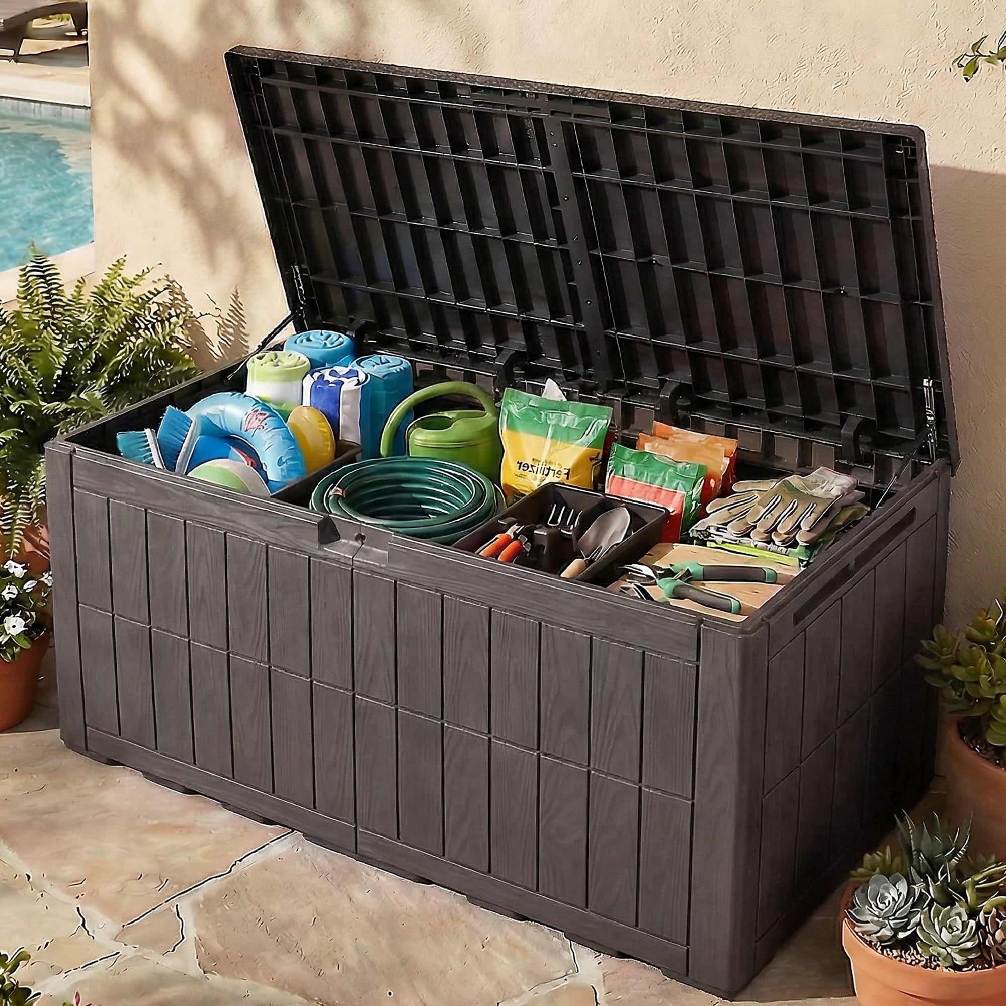 Uforic 134 Gallon Large Outdoor Deck Box, Waterproof Resin Patio Storage Box with Lockable Latch, 2-Person Bench Seat Design for Patio Cushions, Garden Tools and Pool Accessories, Dark Brown