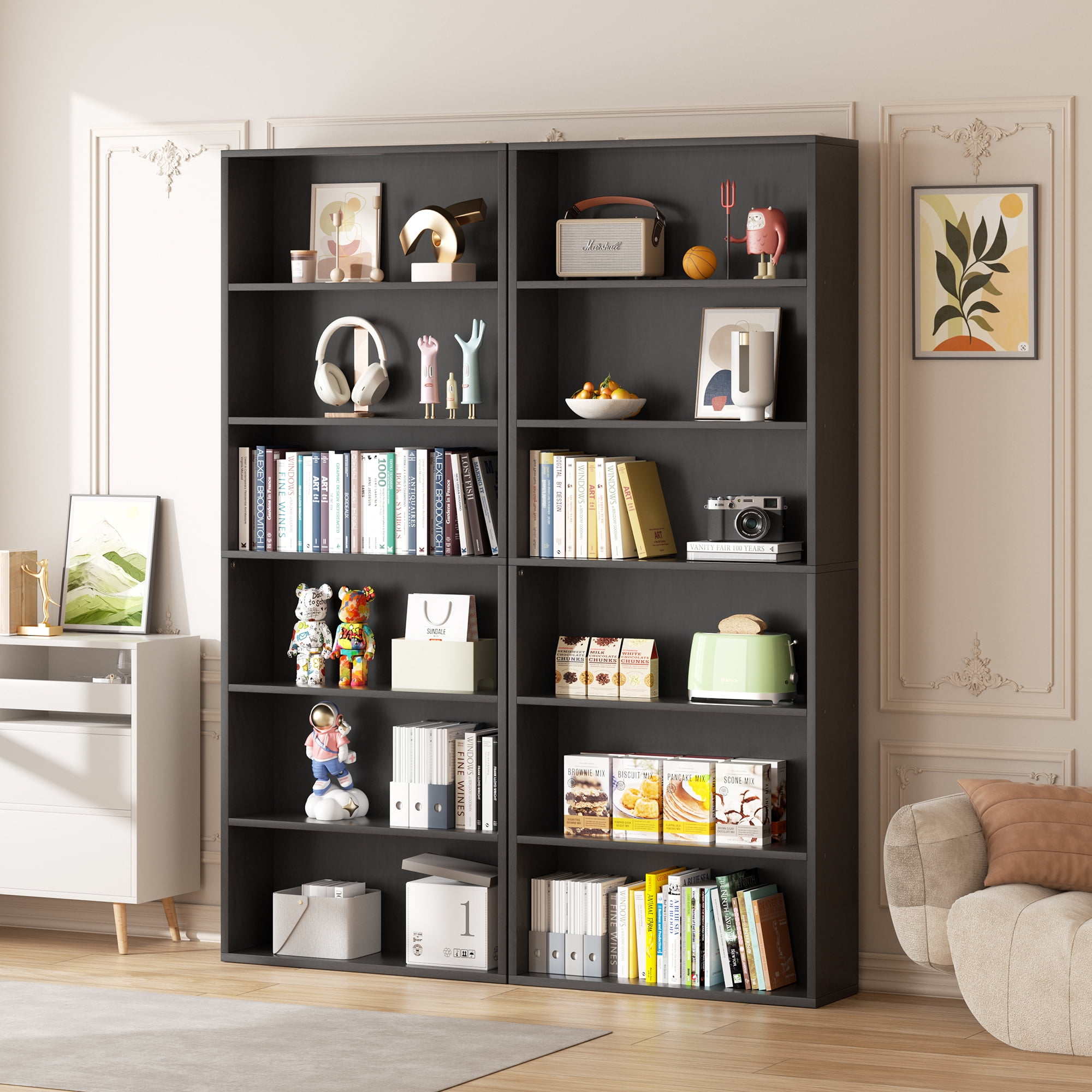 Walsunny 6 Tier Bookshelves Set of 2 Standard Wooden Bookcases Display Shelves with Storage Anti-tipping Device for Home Office Living Room Black