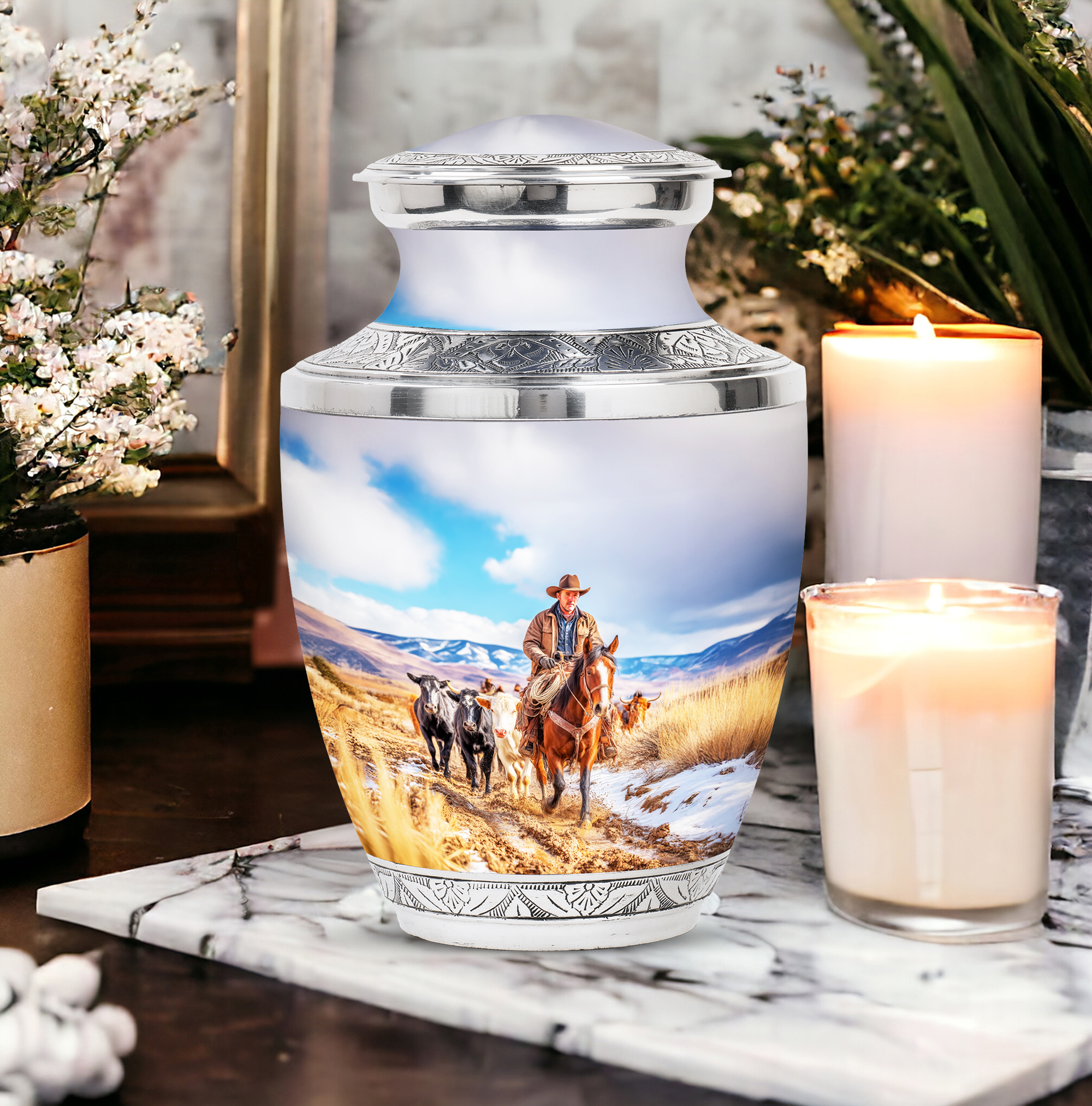 SABURIAL Cowboys Ash Urn for Men & Female - Decorative Urns for Ash - 10 Inch - Large with Velvet Bag - Urns for Human Ashes Large - Human Remains Urn - Memorial Burials for Ashes