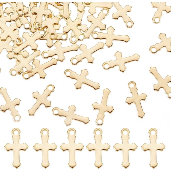 1 Box 100Pcs 304 Stainless Steel Tiny Cross Charms Real 18K Gold Plated 12x7x0.8mm Hole: 1.2mm