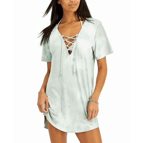 J Valdi SAGE GREEN Tie-Dyed Print Lace-up Tunic Swim Cover-up, US Medium