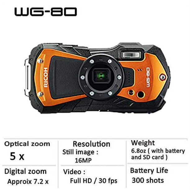Ricoh WG-80 Orange Waterproof Digital Camera Shockproof Freezeproof  Crushproof (International Model)