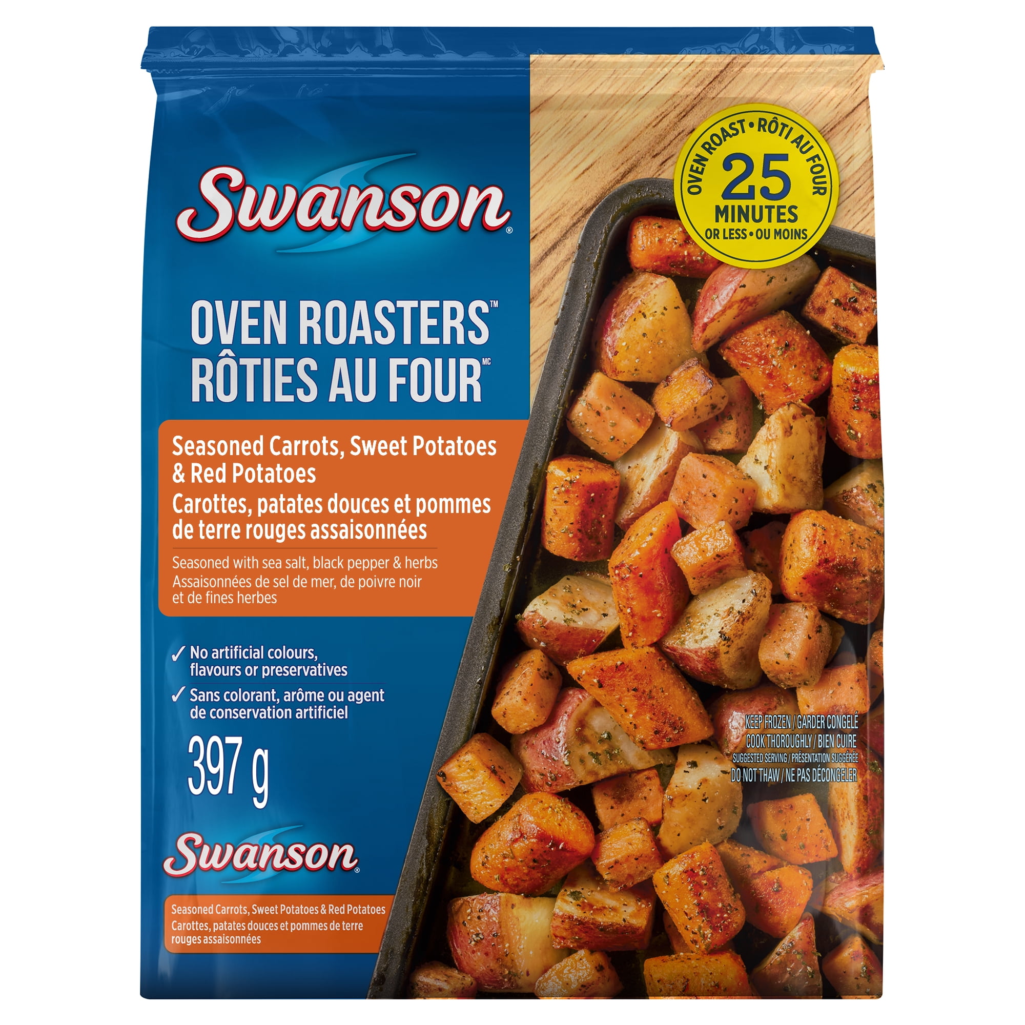 Carottes, patates douces et pommes de terre rouges assaisonnées Rôties au four Swanson : un mélange de légumes surgelés assaisonnés de sel de mer, de poivre noir et de fines herbes
