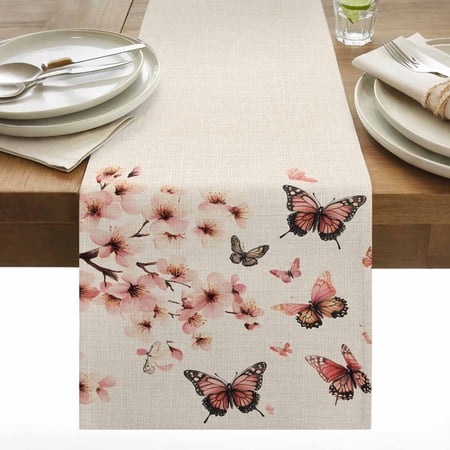Butterfly Floral Cotton Linen Table Runner Watercolor Pink Flower Butterflies Leaf Linen Texture Dining Table Runners for Home Decor Party Dining Room Restaurant Kitchen 13 x 72
