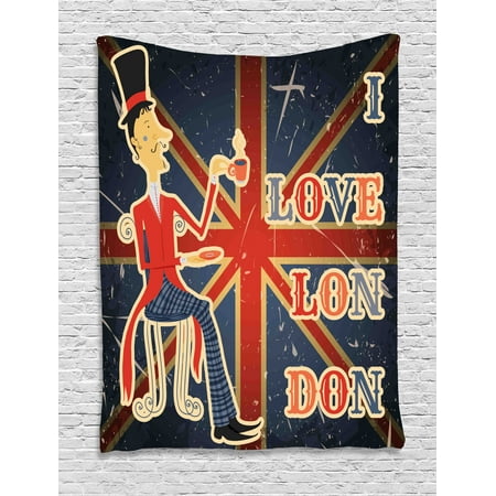 British Tapestry, I Love London Quote English Man Drinking Tea on UK Flag Backdrop National Design, Wall Hanging for Bedroom Living Room Dorm Decor, Multicolor, by (Best Tea Rooms In Uk)