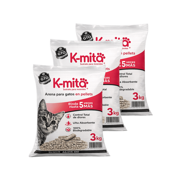 Kmita Premium - 9 kg (3 de 3kg) - Arena para Gato en Pellets, 100% Natural – Biodegradable – Rinde 5 Veces Más - Cero Olores - Cero Polvo - Ulta Absorbente
