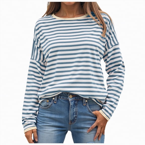 Godom Womens Tops Long Sleeve Shirts Round Neck Loose Casual Blouses Stripes Tshirts