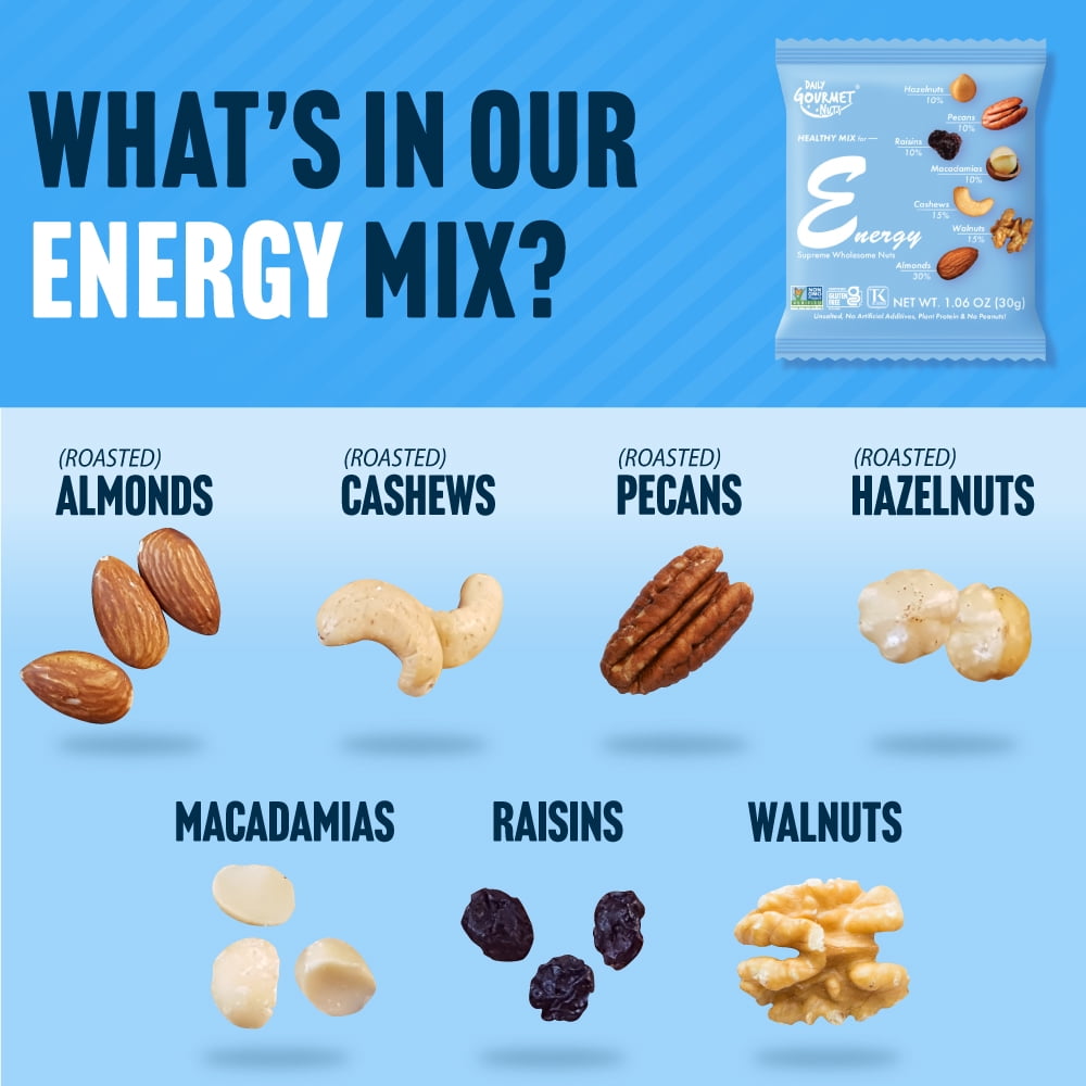 Daily Gourmet Nuts - Energy Mix | 24 Packs | Healthy Trail mix Individual Packs | Premium Nuts & Dry Fruit | Gluten-Free | Non-GMO | Nuts Individual Packs