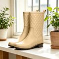 thumbnail image 7 of Women Diamond Quilted Mid Calf Rain Boots, Pull On Low Block Heel Waterproof Shoes For Gardening Commute Rainy Outdoor Wear Beige 9, 7 of 7