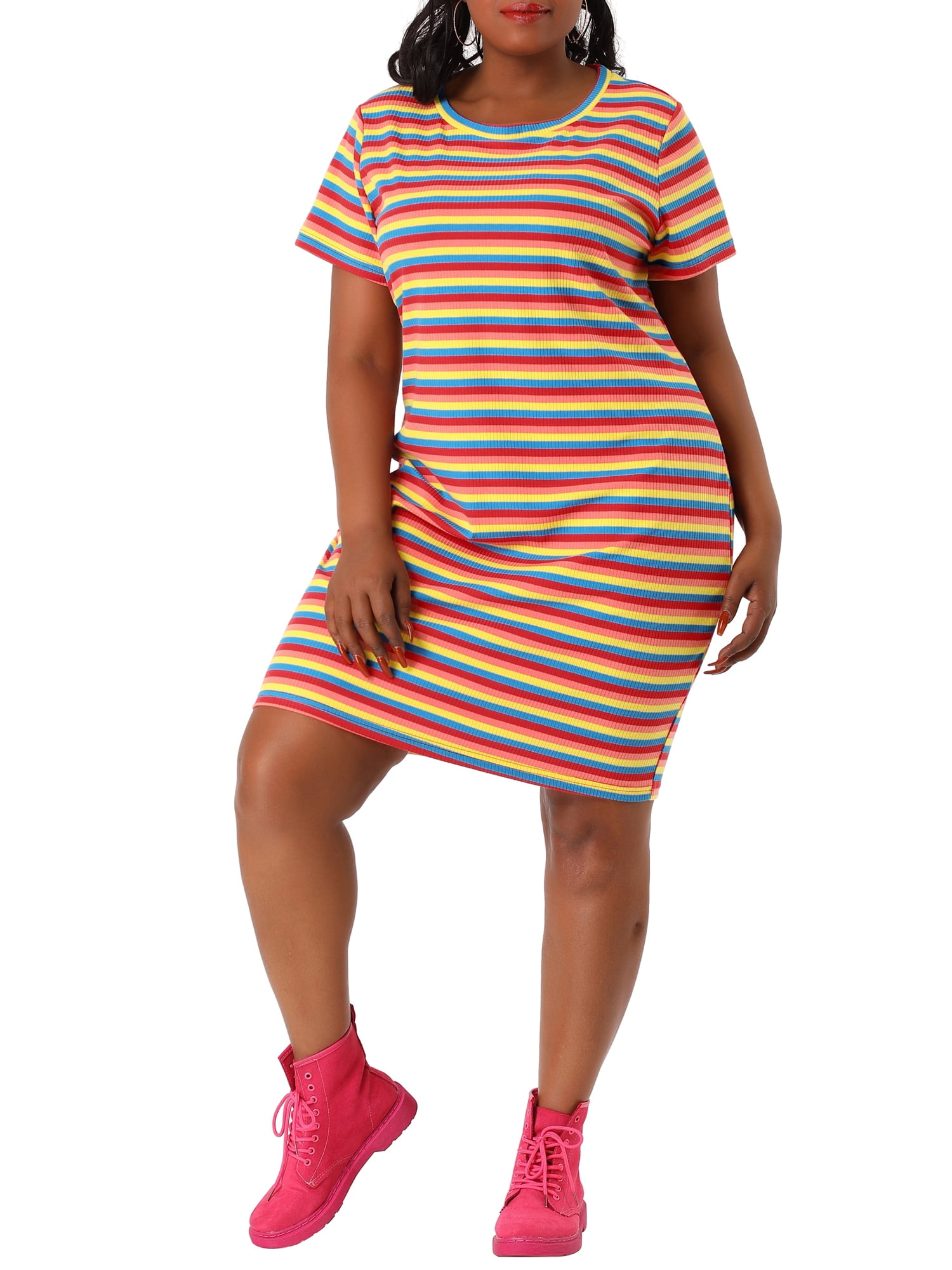 Womens Plus Size Dress Striped Short Sleeves Cold Shoulder Scoop Neckline Print and Flare Dress