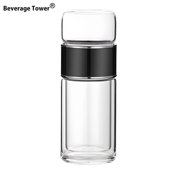 Tea Infuser Bottle, Double Wall Glass Travel Mug, Heat Resistant Tea Tumbler, Loose Leaf Tea Strainer Cup, Glass Water Tea Tumbler for Homes, Offices, Black, 16.9 oz