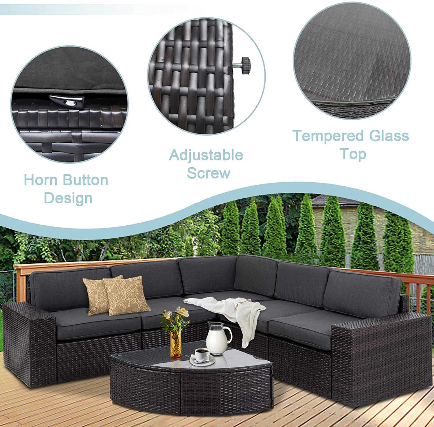 SUNCROWN Outdoor Furniture 6-Piece Patio Sofa and Wedge Table Set, All-Weather Brown Wicker with Washable Seat Cushions and Coffee Table (Dark Grey)