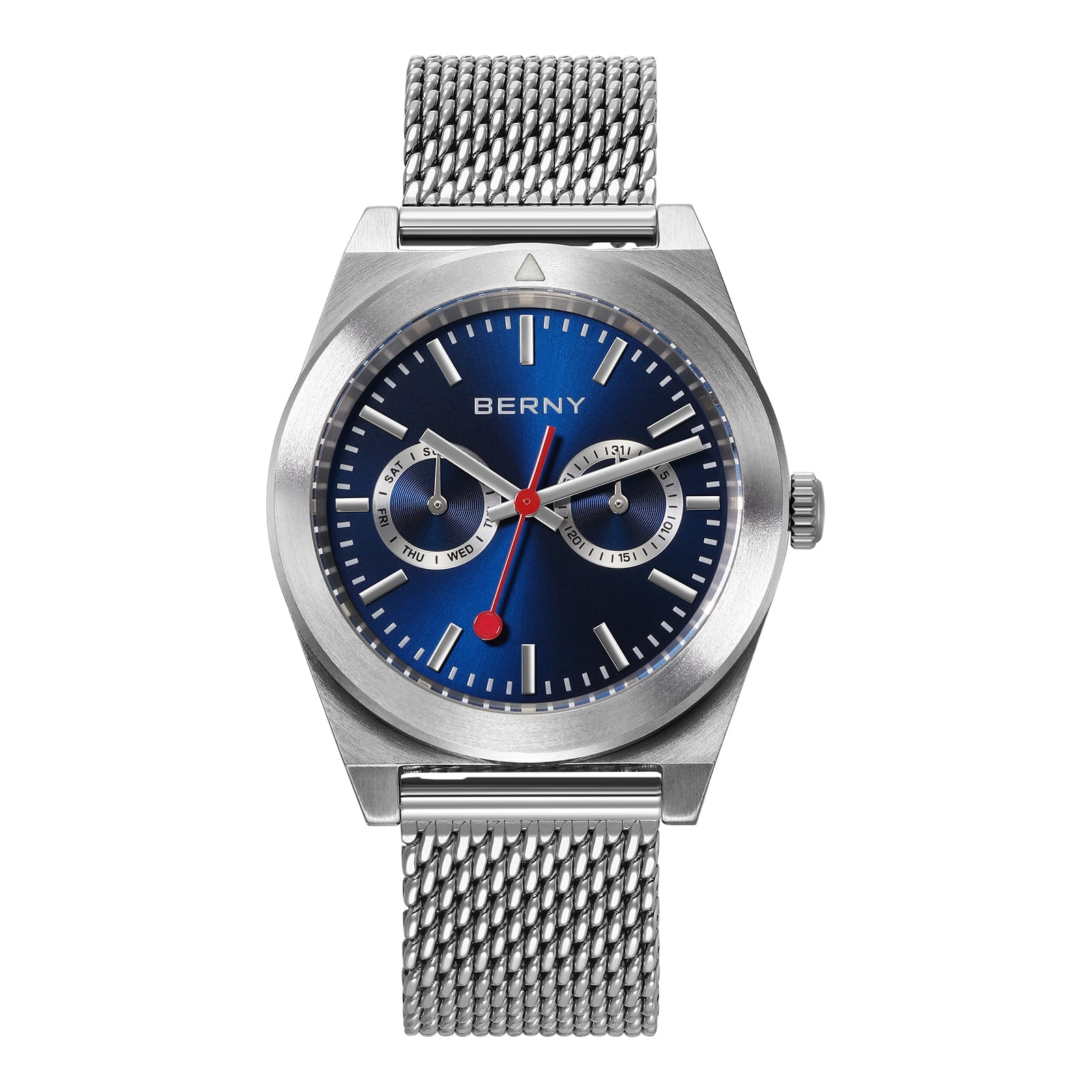 BERNY Silver Watch for Men, Classic Vintage Quartz Analog Watch with Day & Date Calendar, Stainless Steel Mesh Band, Luminous, Waterproof, Fashion Sport Casual Men's Wrist Watches (Blue)