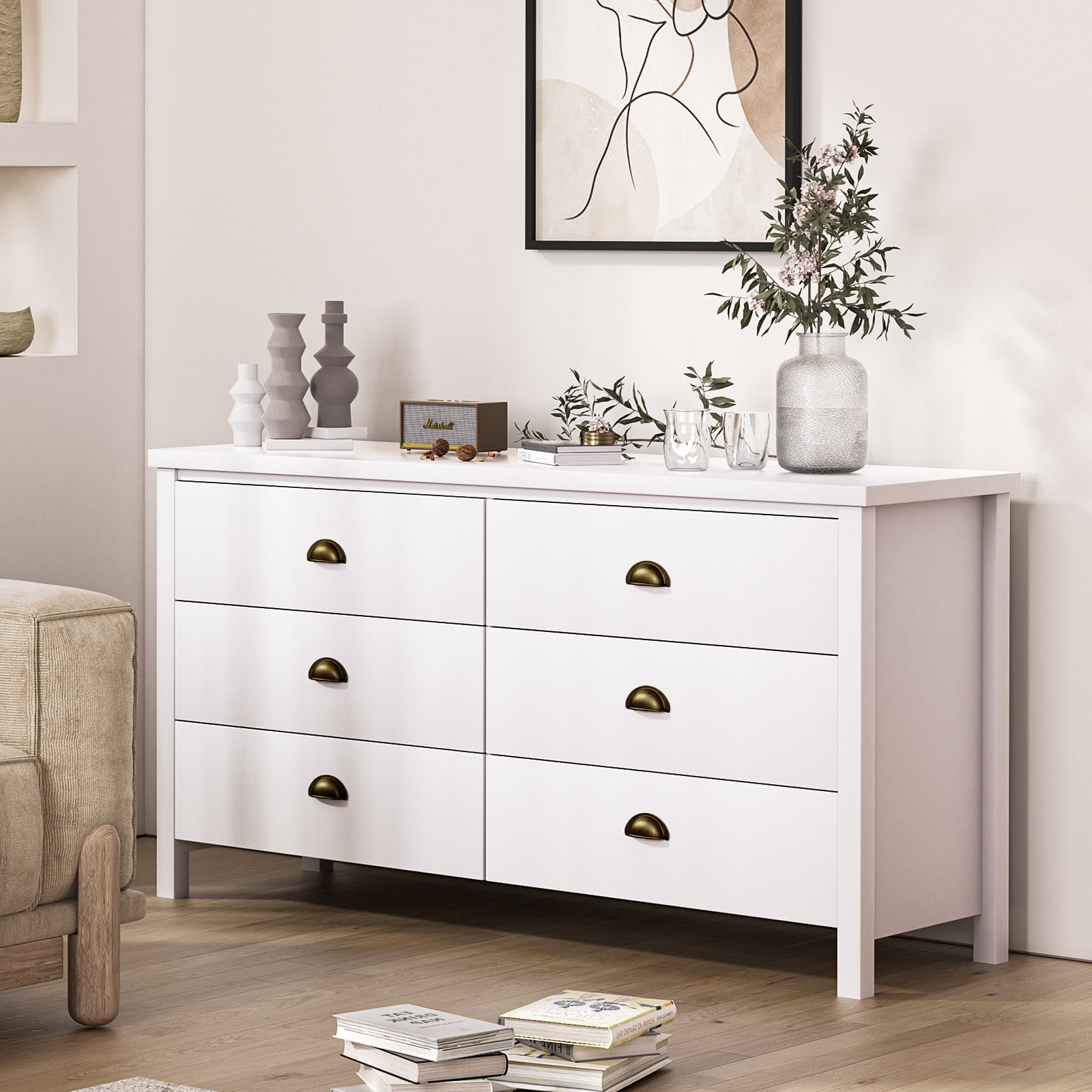 Nathaniel Home 6 Drawer Double Dresser with Legs, Modern Chest of Drawers, Large Capacity Storage Cabinet for Bedroom, Rustic Dresser for Hallway White