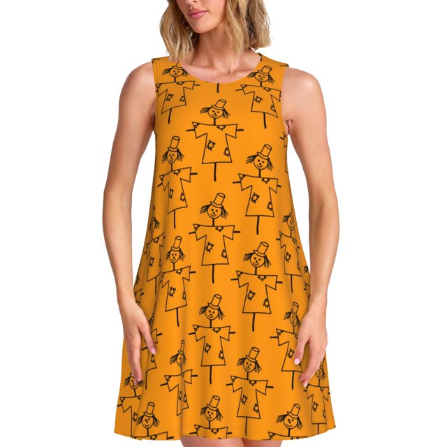 Balery Fall Cute Simple Scarecrow Vestidos de verano para mujer con estampado: vestido holgado sin mangas, vestido playero informal y cómodo para días calurosos.