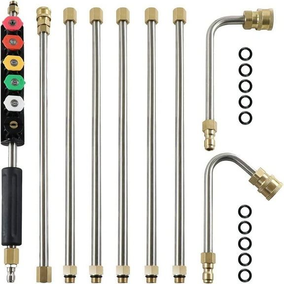 9pcs Pressure Washer Wand Extension Kit - 10ft Stainless Steel Lance with 6 Spray Nozzle Tips, 45° & 90° Curved Rods, 1/4" Quick Connect for Most Pressure Washers
