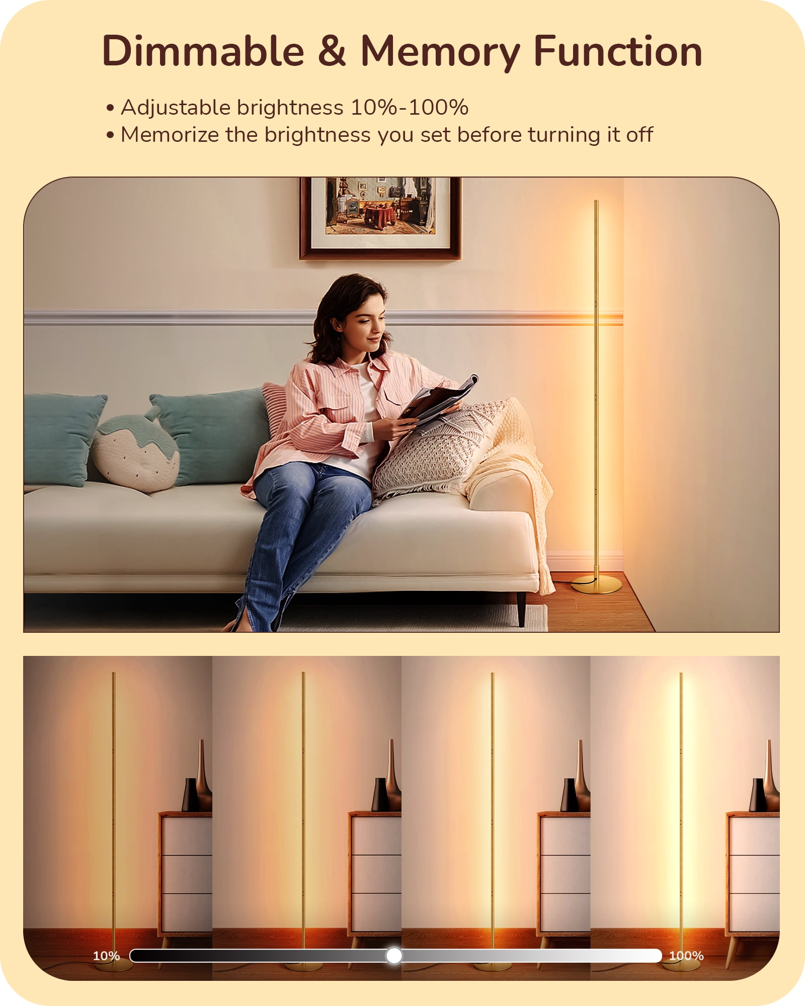 EDISHINE Modern Slim Dimmable LED Corner Floor Lamp, Adjustable Height, 57.5" Minimalist Tall Lamp for Living Room, Bedroom, Office, 3000K, Gold