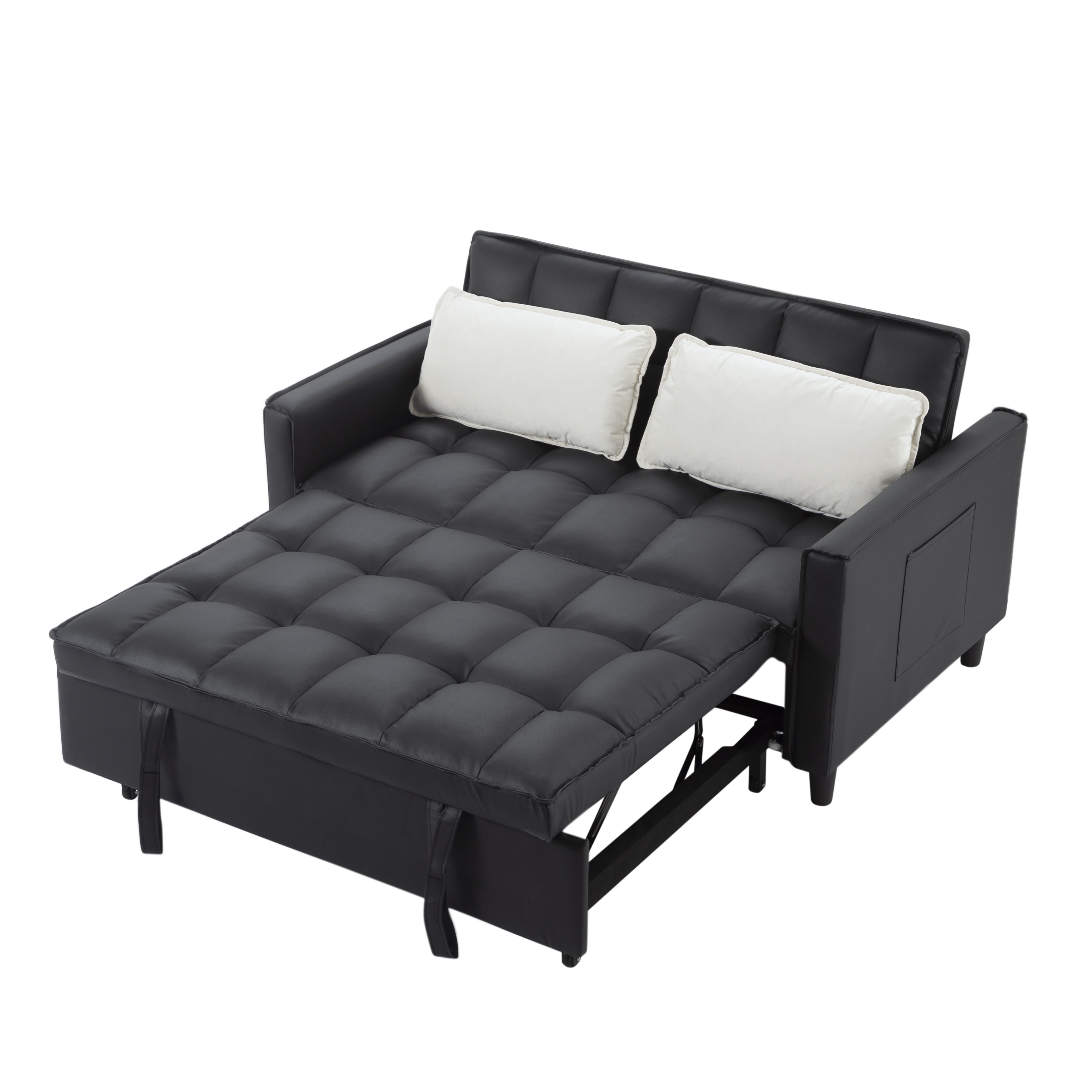 Gewnee 53.94" Pull-Out Sofa Bed – Convertible Twin Size Sleeper Bed,3 Adjustable Backrest Angles & Storage Side Pocket for Living Room,Office,Guest Room.Black PU