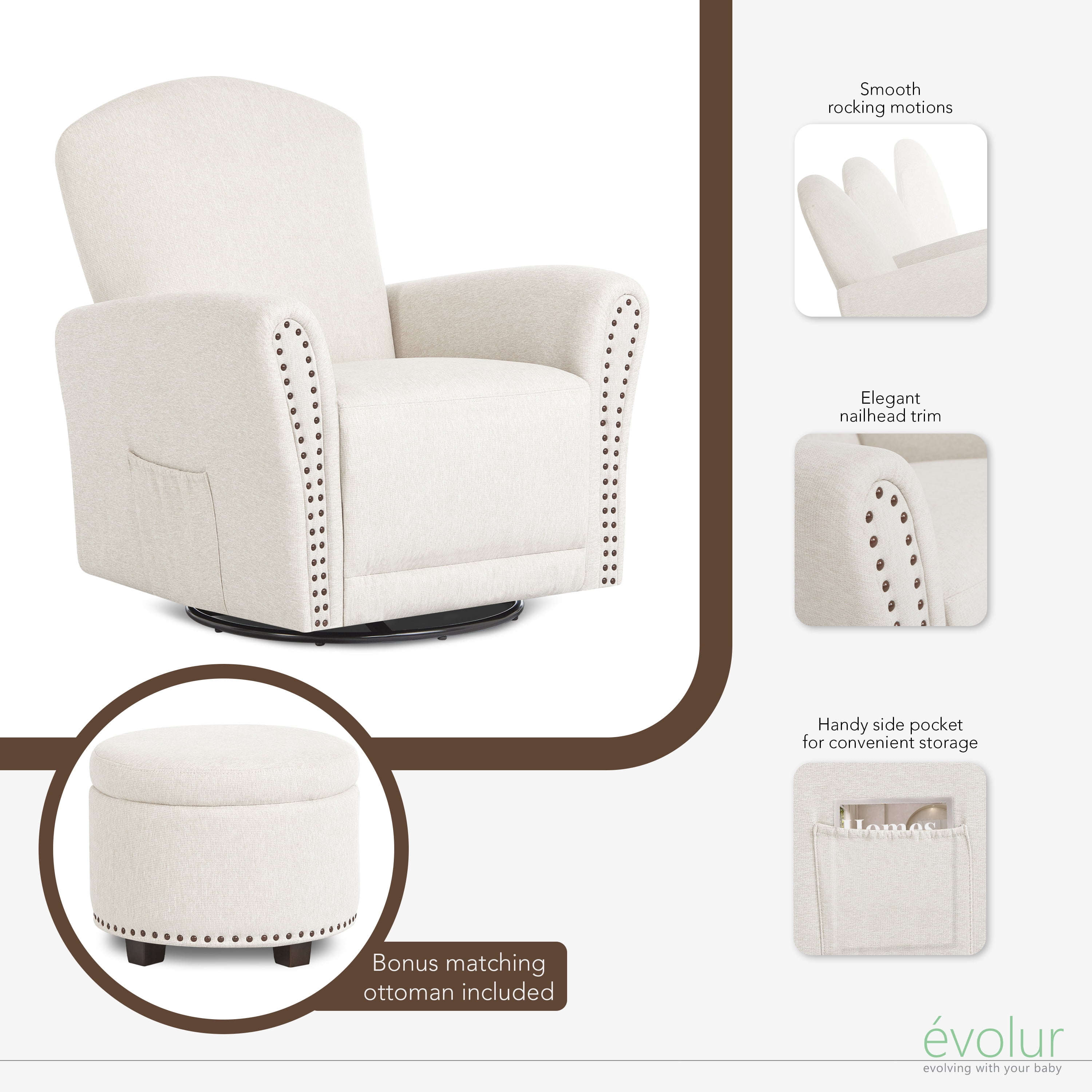Evolur Vienna Swivel Glider with Ottoman and Nailhead Trim, Greenguard Gold Certified, Made from Sturdy and Sustainable FSC-Certified Wood, Sweet Cream