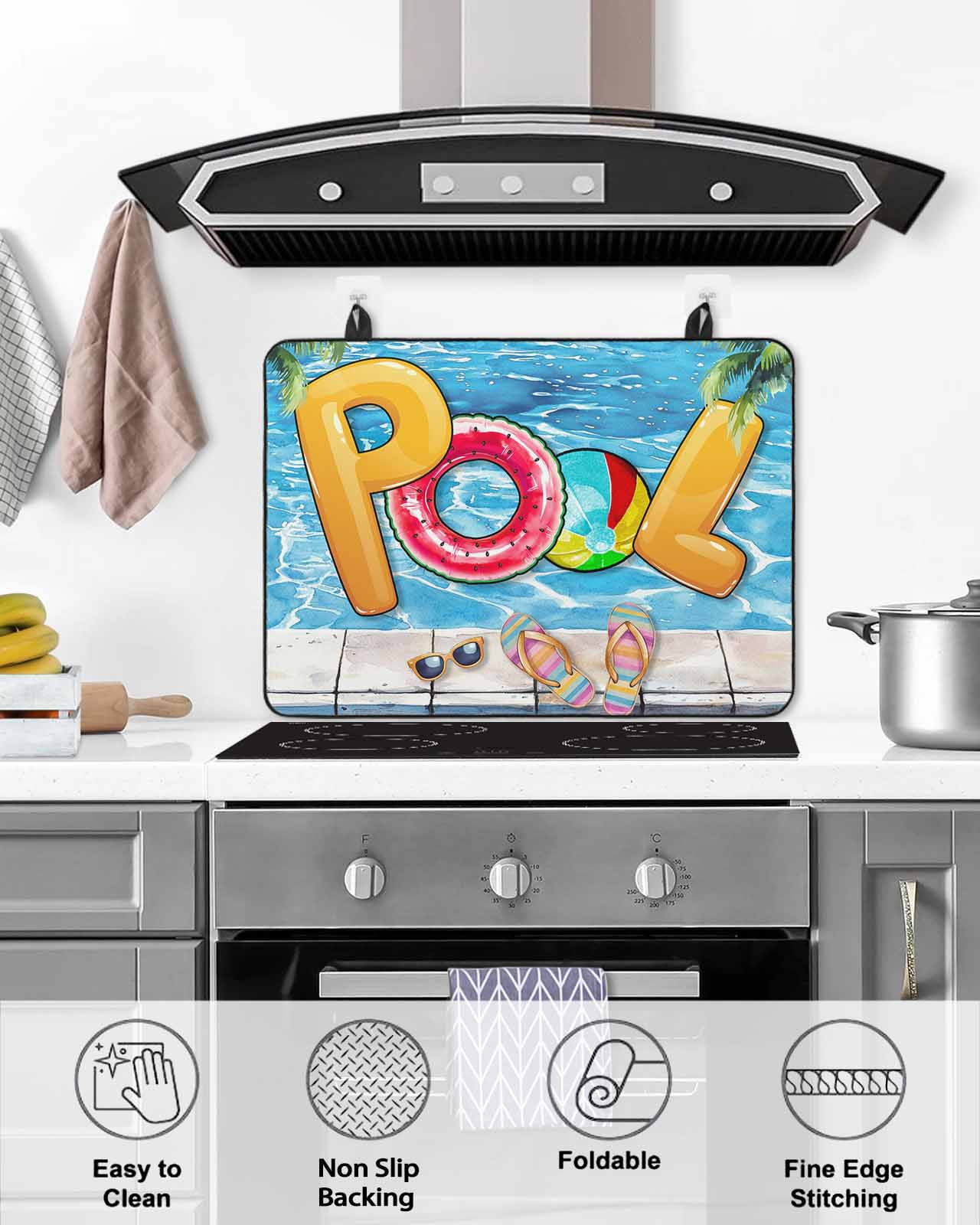 nqOlkjepod Large Induction Cooktop Protector Mat 31"x24", Blue Summer Pool Stove Top Covers for Electric Stove, Watermelon Swimming Ring Slippers Stove Burner Cover Mats, Glass Top Stove Cover