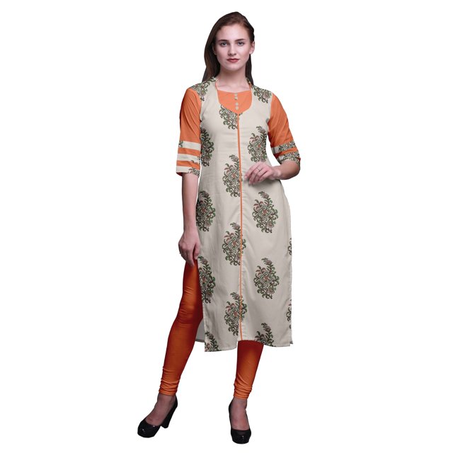 Bimba Rayon Slub Indian Printed Straight Kurta 3/4 Sleeve Tunic Dress For Women