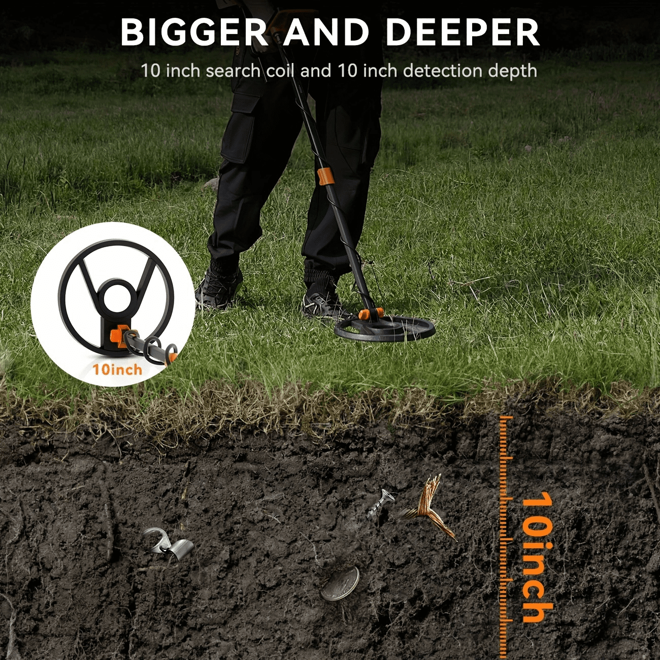 SUNPOW Orange and Black Backlit LCD Display Battery Powered Metal Detector