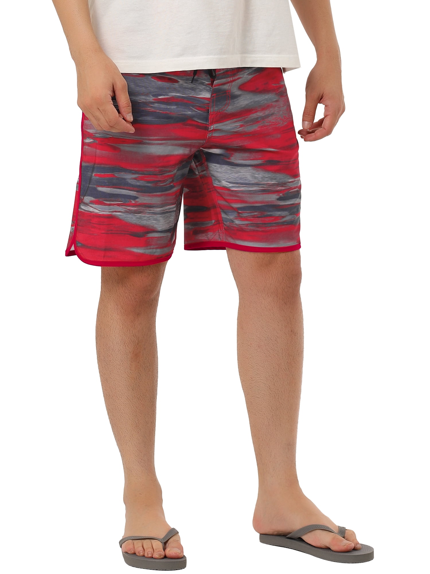 Unique Bargains Men's Drawstring Waist Swim Shorts Printed Summer Shorts 34 Camouflage Red