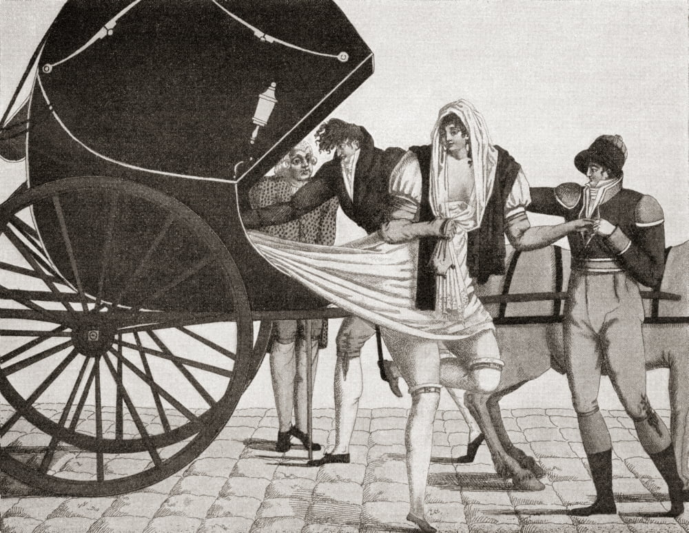 The inconvenience of Kabriolets A ladys dress gets caught up in her carriage whilst she dismounts From Illustrierte Sittengeschichte vom Mittelalter bis zur Gegenwart by Eduard Fuchs published 1909 Ca