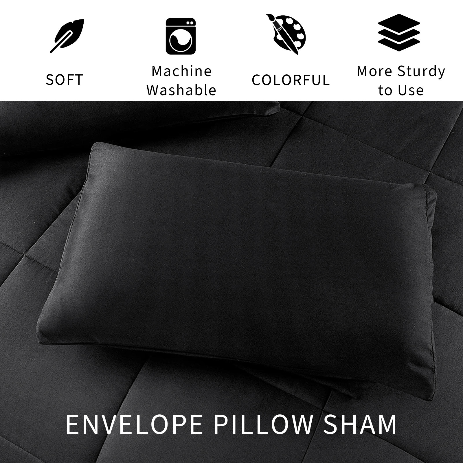 Exclusivo Mezcla Lightweight Reversible 3-Piece Comforter Set All Seasons, Down Alternative Comforter with 2 Pillow Shams, Queen Size, Black