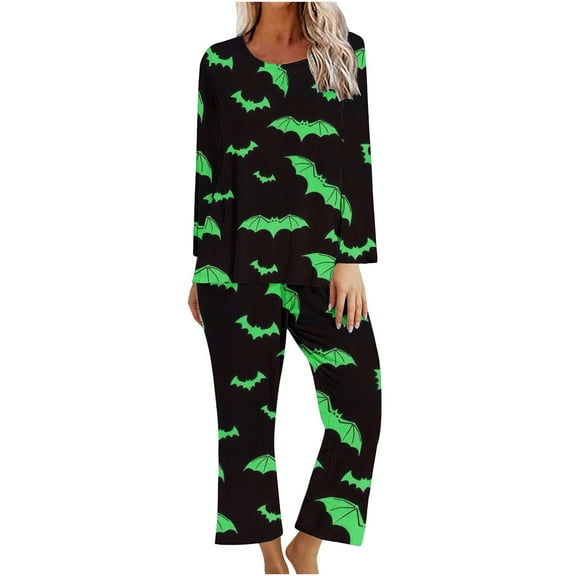 WFJCJPAF 2024 New Halloween ! Pajamas for Women Set,Ladies' Gradient Printed Casual Top Pants Pajama Set - Green S