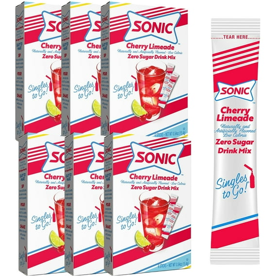 Sonic Singles To Go Drink Mix, Cherry Limeade Flavor, Sugar Free Low Calorie Water Enhancer 6 Boxes (36 Total Servings)