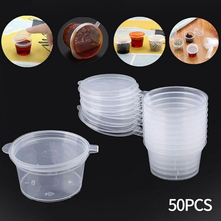 50pcs Disposable Plastic Sauce Container Hinged Lid Clear Pot Cup