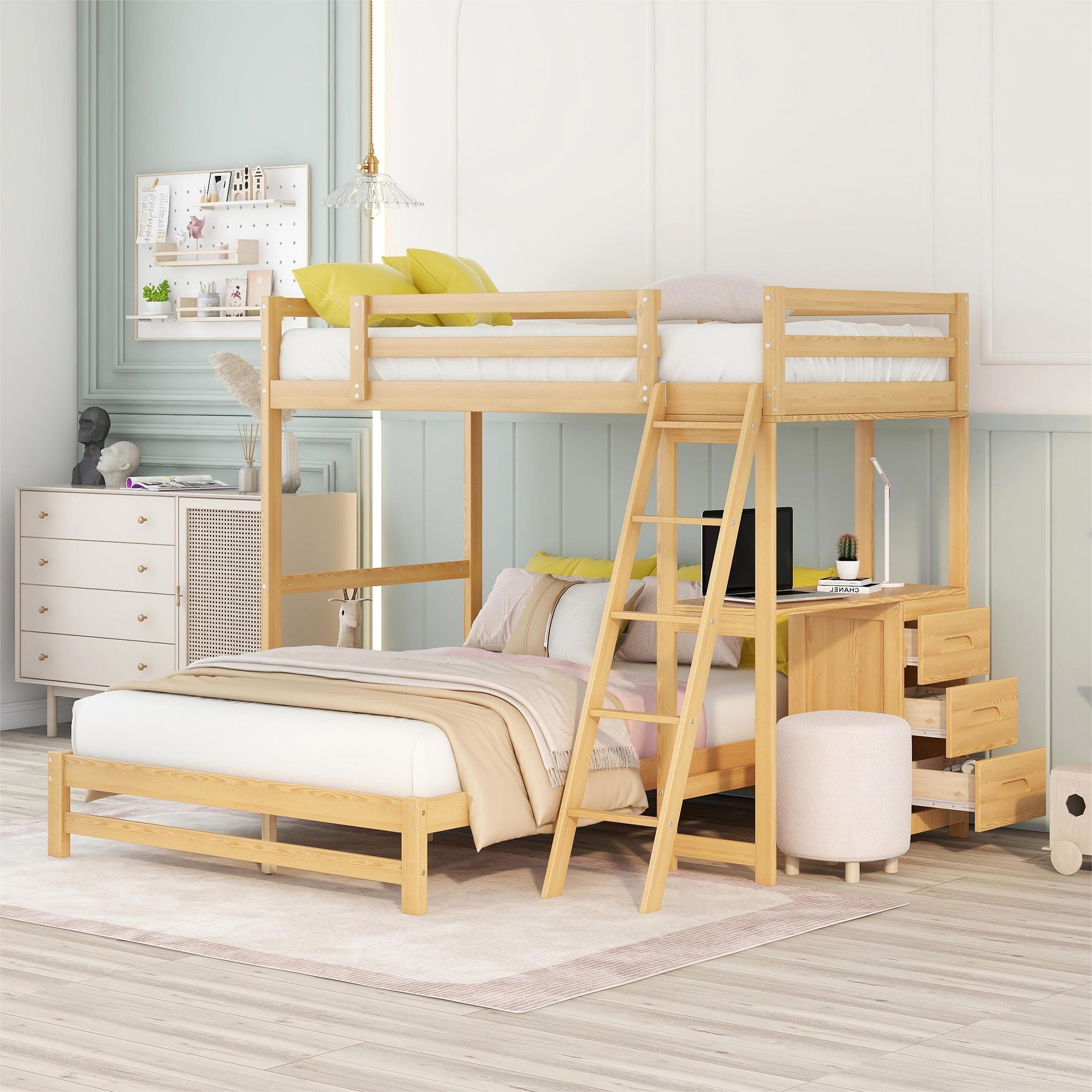 EUROCO Twin over Full Bunk Bed with Desk and Drawers for Kids Teens, Natural