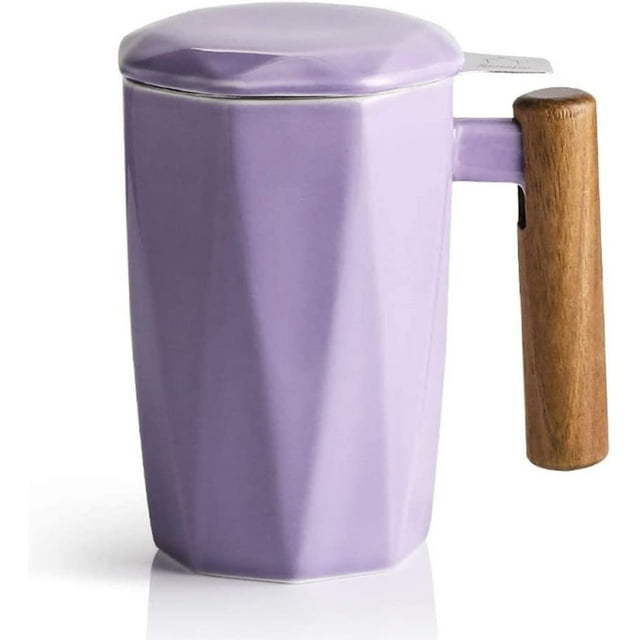 SWEEJAR Porcelain Tea Mug with Infuser and Lid,Wooden Handle Tea Cup