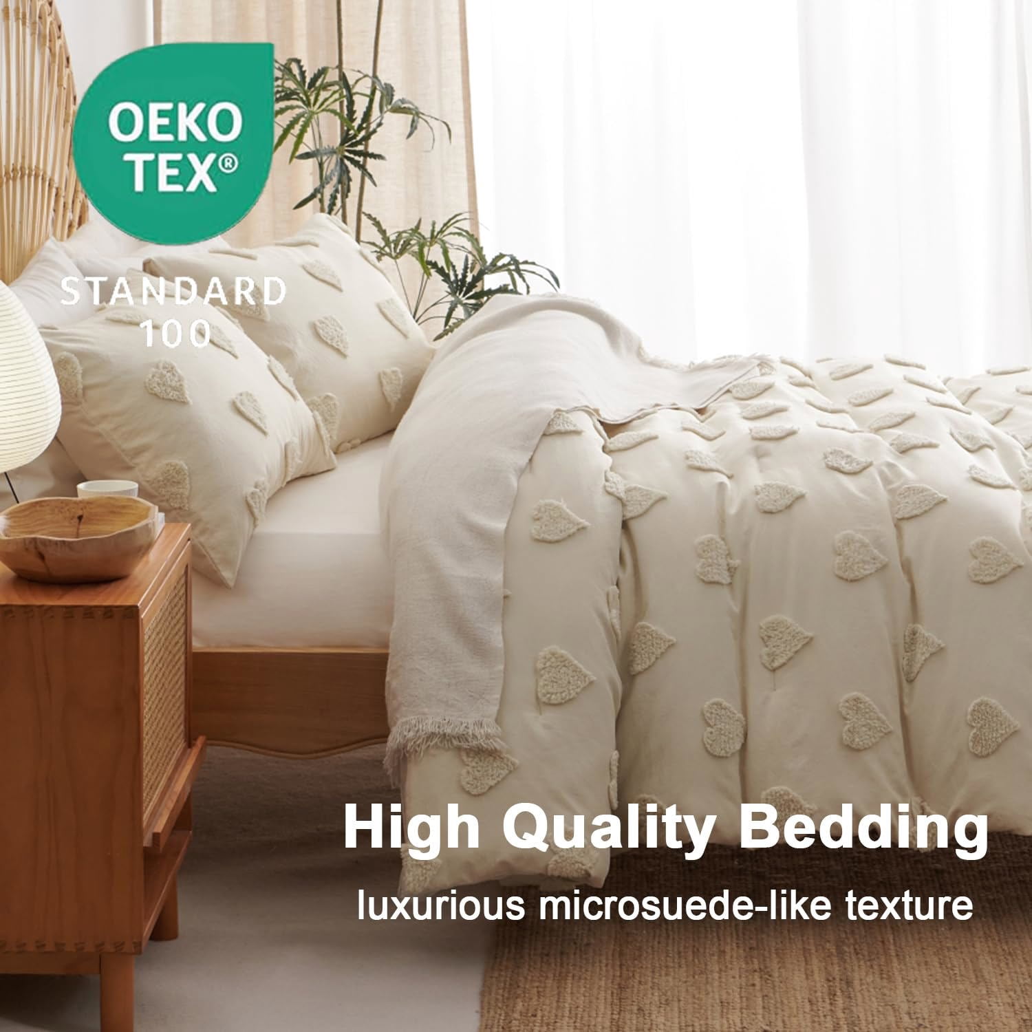 3 Pieces Tufted Heart Dot Beige Queen Comforter Set Boho Ultra Soft Jacquard Lightweight Comforter Shabby Chic Washed Microfiber Bedding Set