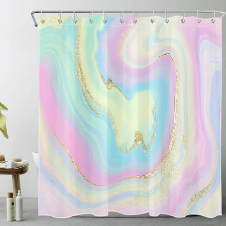 Colorful Marble Shower Curtain Decor, Modern Abstract Blue and Gold Marble Textured Vintage Shower Curtains for Bathroom 69X70 inch Polyester Fabric Bathroom Decoration Bath Curtains Hooks Included