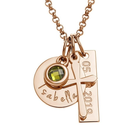 Personalized Planet Rhodium, Gold or Rose Gold Plated Engraved Name, Date, Birthstone and Cross Cluster Necklace ,Women's